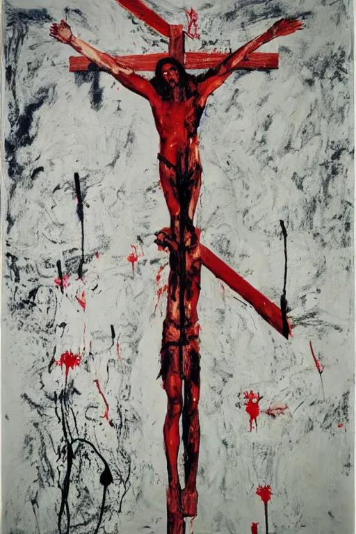 Prompt: bloody christ crucified on a very big mushroom painted in by cy twombly and andy warhol