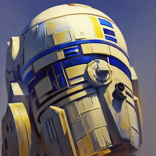 Image similar to greg manchess portrait painting of r 2 d 2 as overwatch character, medium shot, asymmetrical, profile picture, organic painting, sunny day, matte painting, bold shapes, hard edges, street art, trending on artstation, by huang guangjian and gil elvgren and sachin teng