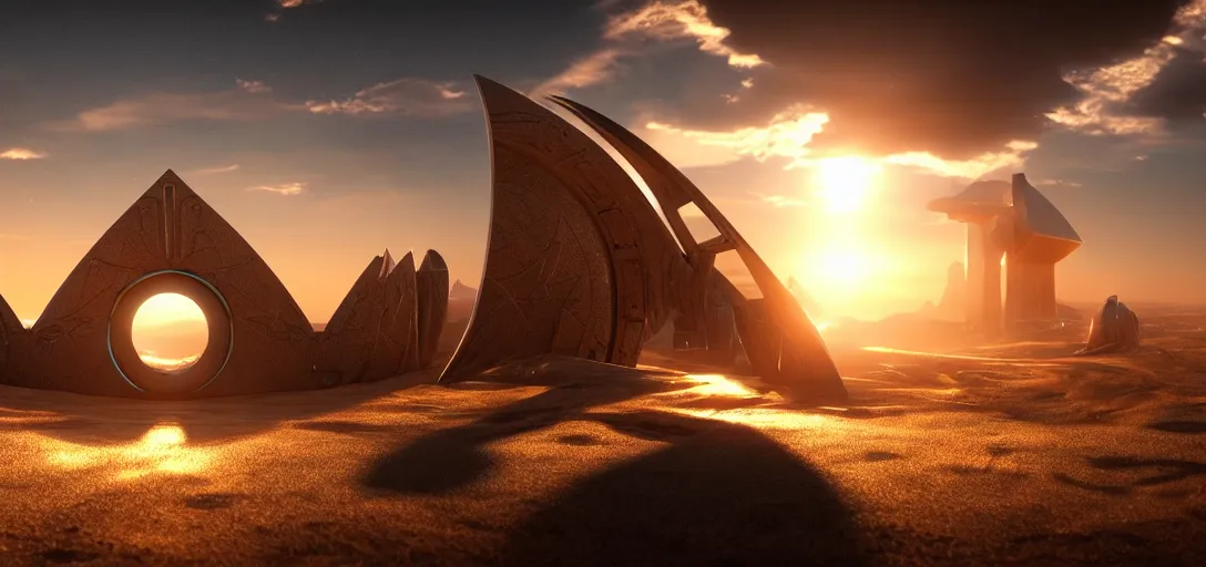 Image similar to stargate made of metal that form a circle and opens a portal to texas, cinematic view, epic sky highly detailed single ray of golden sunlight, beautiful, cgssociety, artstation, 8 k