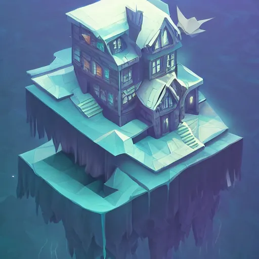 Image similar to floating spooky house in the sky, low poly, isometric art, 3d art, waterfall, high detail, artstation, concept art, behance, ray tracing, smooth, sharp focus, ethereal lighting