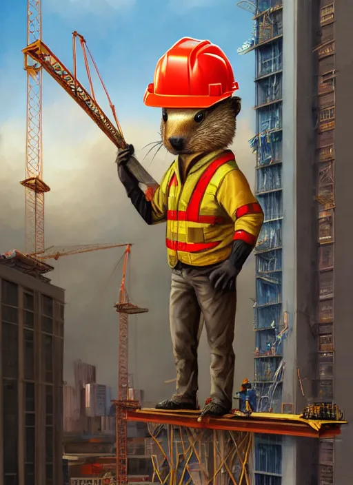 Prompt: a beaver that is dressed like construction worker, standing on a girder on a skyscraper under construction, wearing a hardhat cosmic horror painting, elegant intricate digital painting artstation concept art by mark brooks and brad kunkle detailed
