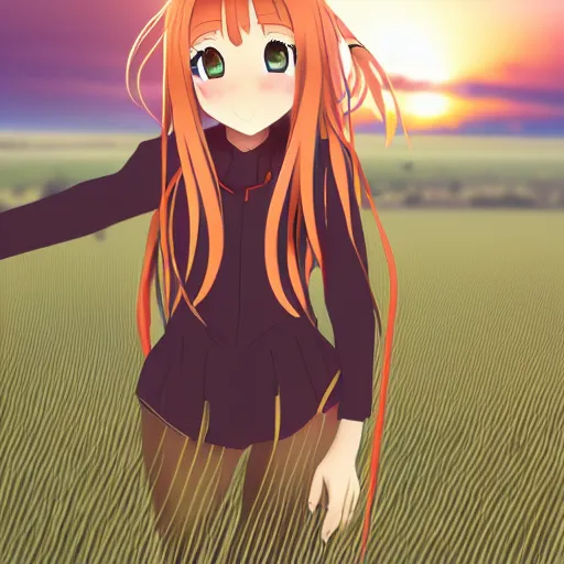 Prompt: Holo from Spice and Wolf standing in a wheat field at sunset, Holo is a wolf girl, high detail, anime key visual, beautiful, 8k resolution, trending on pixiv