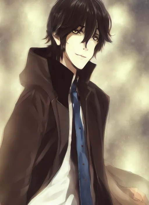 Prompt: anime style portrait, trending on pixiv, black - haired handsome male vampire, focus on face, pretty, cinematic lighting, painterly, long hair, wearing a dark blue shirt, light brown trenchcoat