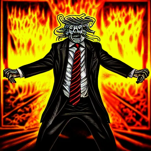 Prompt: ( a death metal album cover ) ( ( of donald trump ) with laser eyes ) ( trending on artstation )