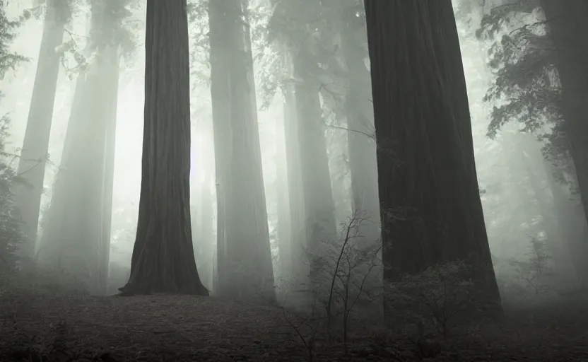 Prompt: faceless Slenderman standing in the forest, redwood sequoia trees, ominous foggy environment, best of artstation