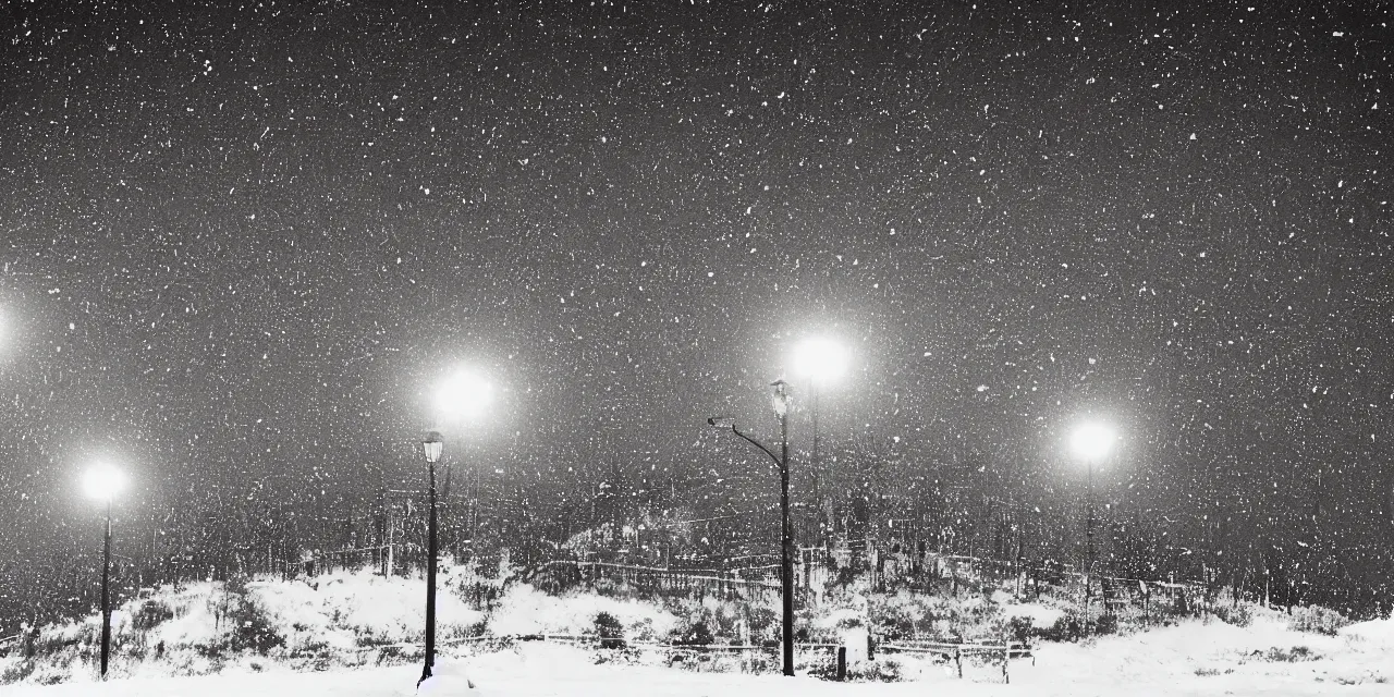 Prompt: laurentian appalachian mountains during winter, original and creative black ink surrealist landscape artwork, snowy night, streetlamps, interesting textures