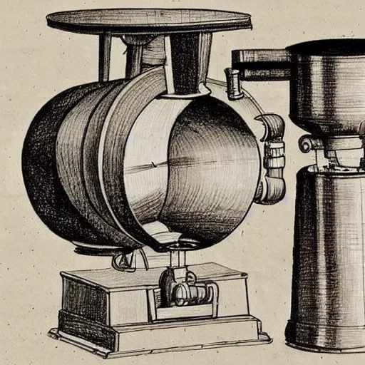 Image similar to various sketches of a mechanical coffee grinder in the style of leonardo da vinci, ultra detailed, scribbles, technical drawing, engineering blueprints