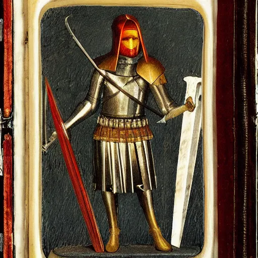 Image similar to maximus decimus with armor and sword fire effect by hieronymus bosch