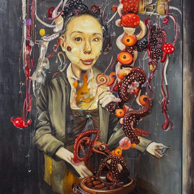 Image similar to a portrait in an elevator, a woman holding pancakes, honey dripping, berries dripping, scientific instruments, ikebana, octopus, neo - expressionism, surrealism, acrylic and spray paint and oilstick on canvas