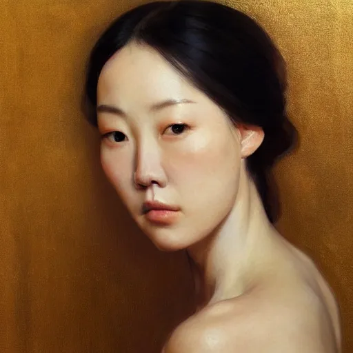 Image similar to high quality portrait painting of woman by Fenghua Zhong and Gustav Klimt, stunning, detailing, artstation trending, perfect lighting, golden hour, elegant, delicate, master work, face detailing