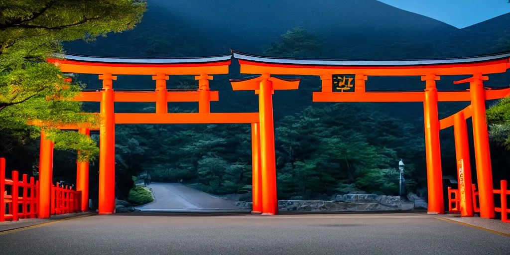 Prompt: A night photo of a american yellow school bus entering a Red Japanese Torii gate at Mount Fuji location in Japan, time travel, 4K, global illumination, ray tracing