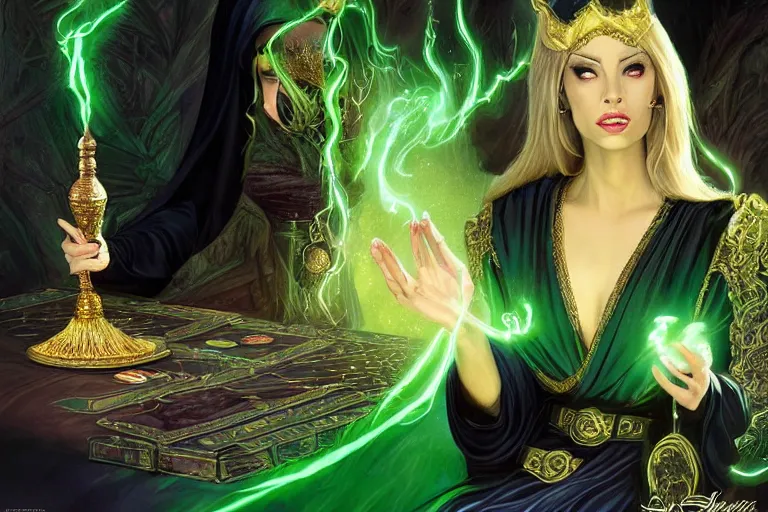 Image similar to a beautiful sorceress wearing a black robe with gold embroidery, sitting at table, casting a spell, green glows, painted by artgerm and joe jusko, in the style of magic the gathering, highly detailed digital art