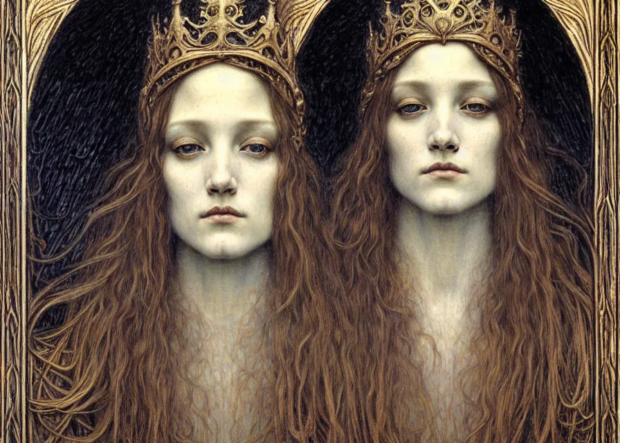 Image similar to detailed realistic beautiful young medieval queen face portrait by jean delville, gustave dore and marco mazzoni, art nouveau, symbolist, visionary, gothic, pre - raphaelite. horizontal symmetry