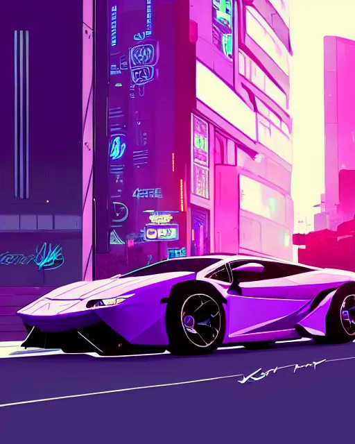 Image similar to digital illustration of cyberpunk pretty girl with blue hair, standing in front of a purple lamborghini, in city street at night, by makoto shinkai, ilya kuvshinov, lois van baarle, rossdraws, basquiat