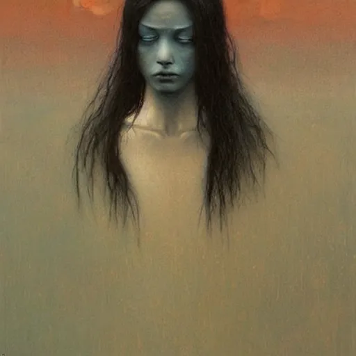 Prompt: young teen female with who is half (((raven))), painting by Beksinski