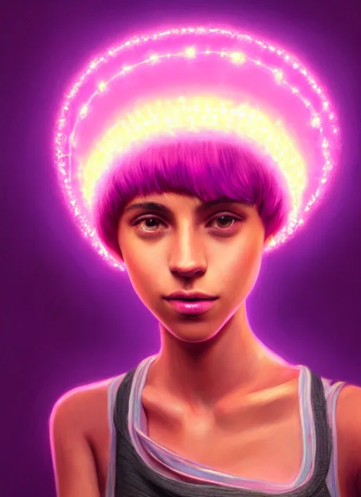 Image similar to portrait of teenage vanessa morgan with bright pink hair, curly pixie cut hair, wearing a purple breton cap, breton cap, hoop earrings, intricate, elegant, glowing lights, highly detailed, digital painting, artstation, concept art, smooth, sharp focus, illustration, art by wlop, mars ravelo and greg rutkowski