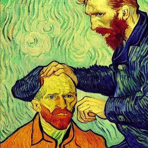 Image similar to vincent van gogh painting vincent van gogh cutting off vincent van gogh's ear, by vincent van gogh