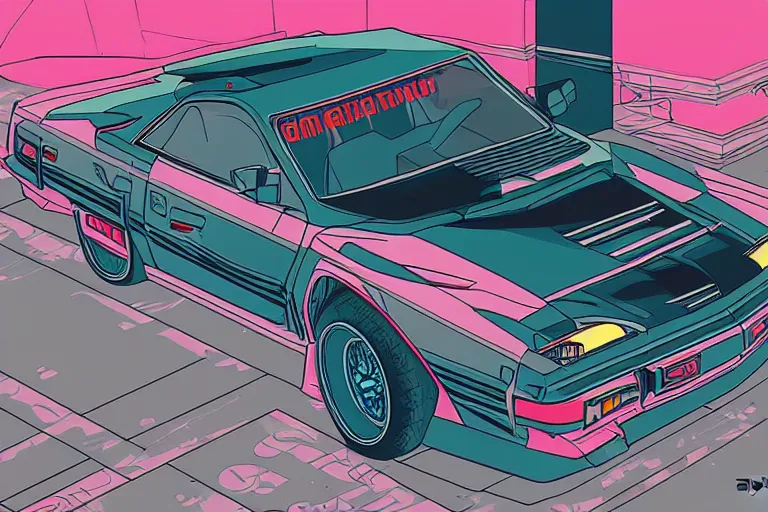 Prompt: 1985 Vector W8 Twin Turbo, city in anime cyberpunk style by Hayao Miyazaki