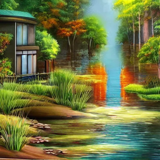 Image similar to Cosy water in city of the future in harmony with nature. Nice colour scheme, soft warm colour. Beautiful detailed painting by Lurid. (2022)