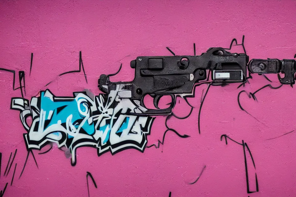 Prompt: graffiti tag of letter left on a pink gun