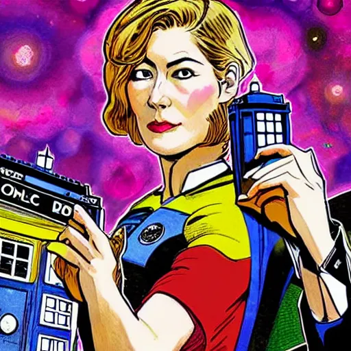Prompt: rosamund pike with dark - hair as the doctor, wearing a colourful floral patterned suit, in the background is the tardis, bold complementary colours, 2 d matte, comic book art, art by michael choi and joe madureira,