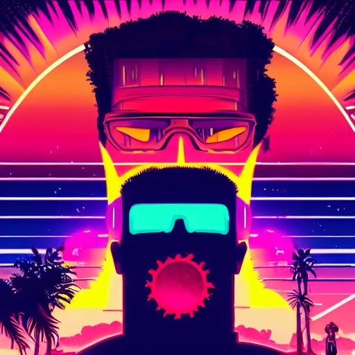 Prompt: man looking at the outrun sun, synthwave, 8 0 s, high details, trending on artstation