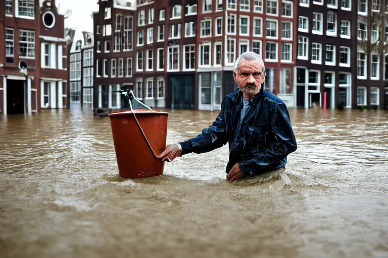 Prompt: closeup potrait of a man with a bucket of water in a flood in Amsterdam, photograph, natural light, sharp, detailed face, magazine, press, photo, Steve McCurry, David Lazar, Canon, Nikon, focus