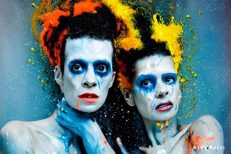 Prompt: a highly detailed cinematic headshot portrait photograph of a shocked bride of frankenstein with a dripping paint face, with blue and orange and yellow paint splash, dynamic pose, liquid, ultra realistic, beautiful rim lighting, by richard avedon and annie leibovitz and arnold newman, photorealistic, hyperrealistic, octane, hasselblad camera, zeiss lens, sharp focus, paint splash