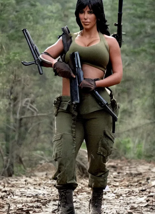 Prompt: film still of kim kardashian as John Rambo in Rambo,