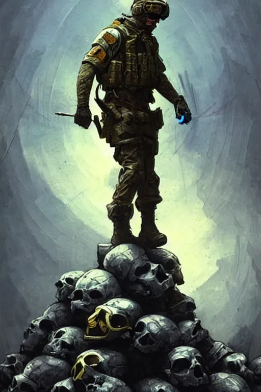 Image similar to a distant shot of a Modern Warfare soldier with blue and yellow uniform standing alone on a pile of skulls as a winner, masculine figure, D&D, fantasy, intricate, elegant, highly detailed, extremely detailed, digital painting, artstation, concept art, matte, sharp focus, symmetrical, illustration, art by Artgerm and Greg Rutkowski and Alphonse Mucha