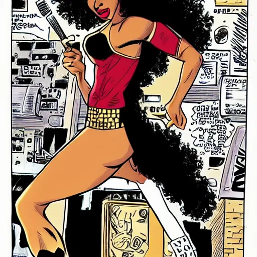 Image similar to comic book hero black girl with Afro, tall and slim figure, brown skinned brown eyes full lips,