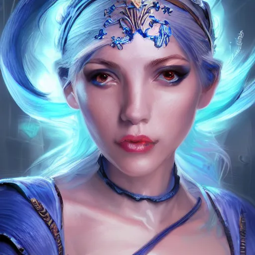 Image similar to a portrait of smurfette as a sorceress, urban motifs, intricate, elegant, highly detailed, digital painting, trending on artstation, concept art, smooth sharp focus, illustration, art by artgerm and greg rutkowski