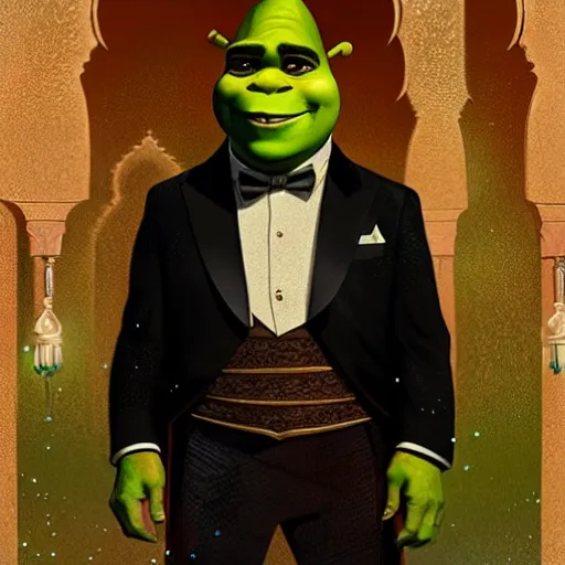 Prompt: handsome shrek in a tuxedo in a moroccan wedding, highly detailed, digital painting, artstation, concept art, sharp focus, illustration, art by greg rutkowski and alphonse mucha