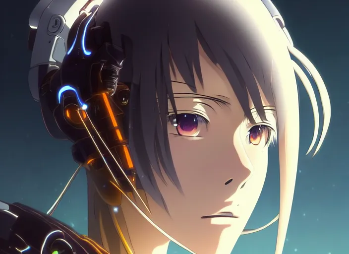 Image similar to a anime portrait of a cyborg woman, finely detailed features, closeup at the face, sharp focus, aesthetically pleasing art, night time city background, cinematic lighting, highly detailed, intricate, smooth, anime!! artstation, trending on pixiv fanbox, painted by greg rutkowski and studio ghibli and yoji shinkawa and hayao miyazaki,