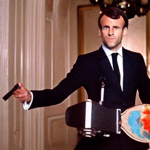 Image similar to Emmanuel Macron wearing a venitian mask in American Psycho (1999)