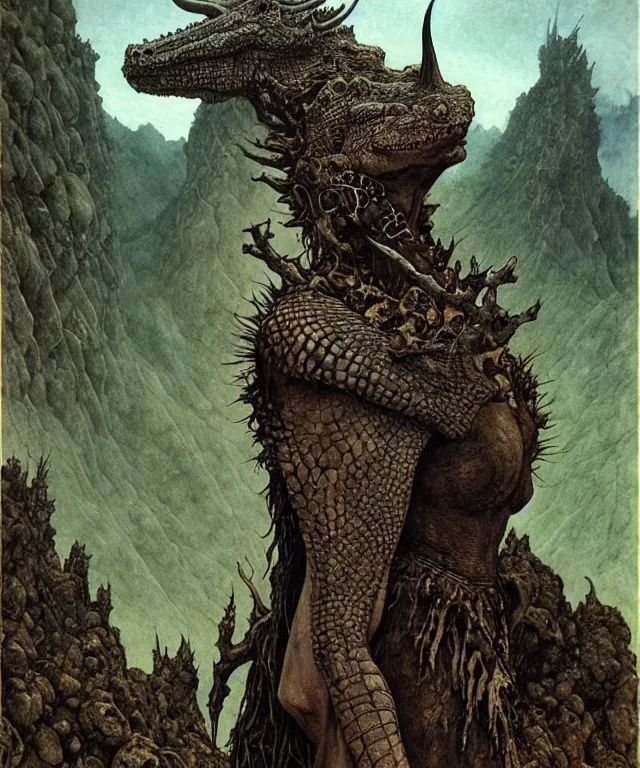 Image similar to A detailed horned crocodilewoman stands among the hills. Wearing a ripped mantle, robe. Perfect faces, extremely high details, realistic, fantasy art, solo, masterpiece, art by Zdzisław Beksiński, Arthur Rackham, Dariusz Zawadzki