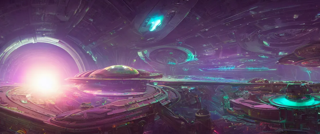 Image similar to a wide shot of a large distant hi-tech sci-fi Utopian spaceship, with a lot of bright color lights, bridges, turrets, pipes, orbiting a gas giant planet, beautiful, solarpunk, volumetric light, photography, color, intricate, extremely detailed, photorealistic, digital art, trending on artstation