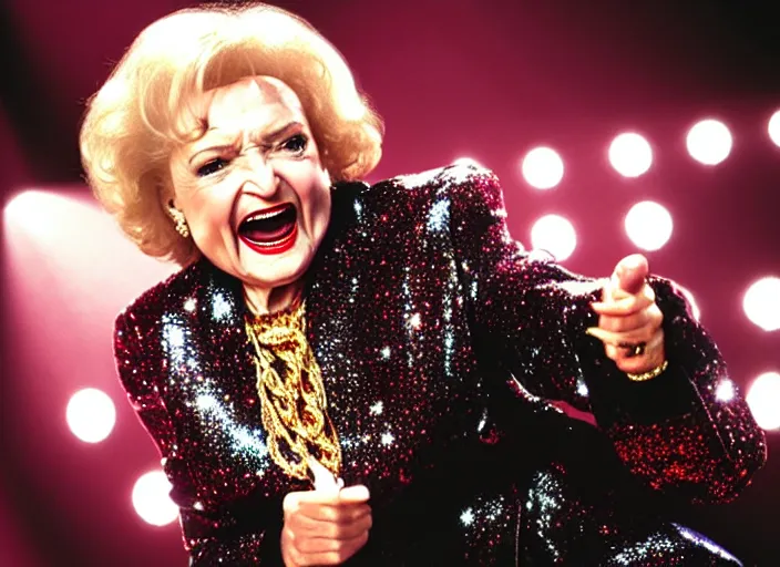 Image similar to publicity photo still of betty white as a gangsta rapper covered in gold chains, with grills in teeth and wearing a jumpsuit live on stage, 8 k, live concert lighting, mid shot