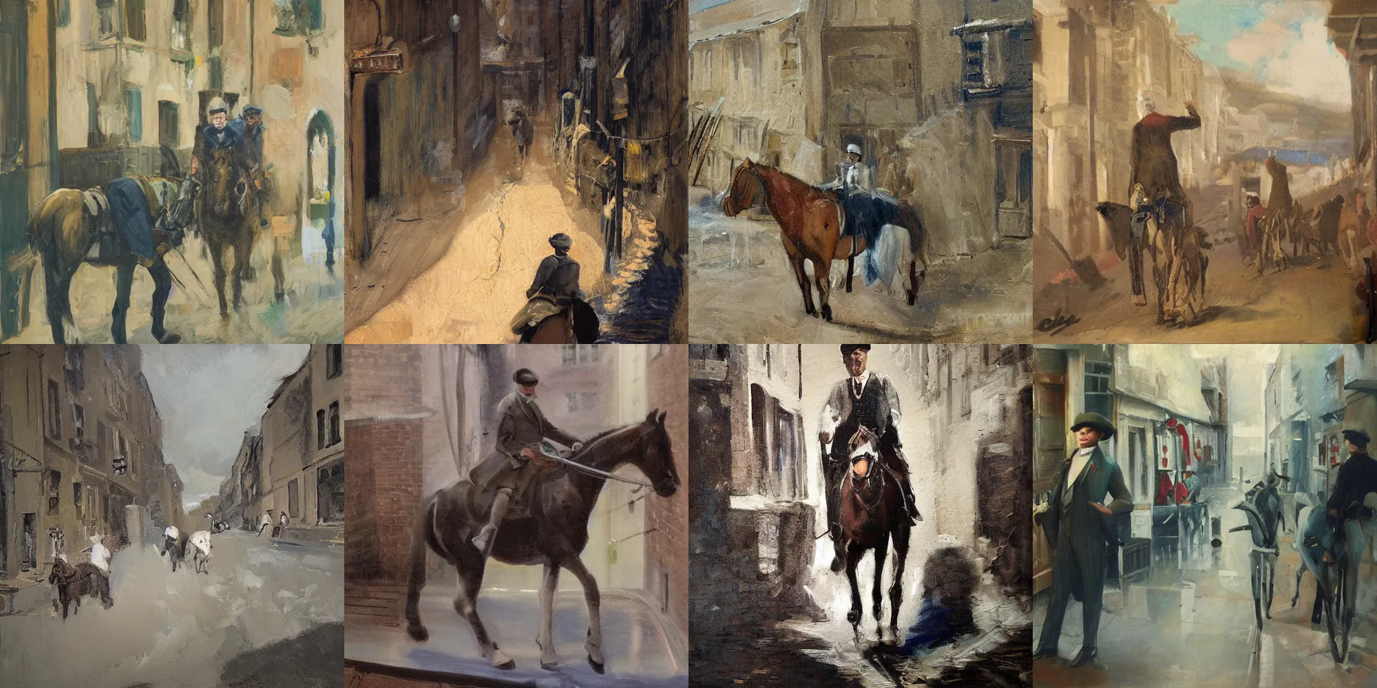 Image similar to painting of a man on a horse in an alleyway, Peaky Blinders (2018), painted by George Bellows