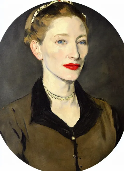 Image similar to An antique oil painting of cate blanchett by Manet, super detailed, photorealism, hd