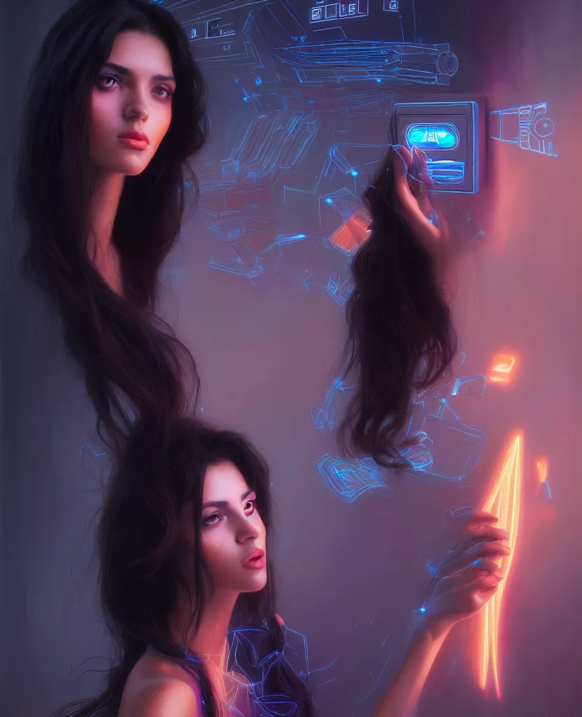 Prompt: beauty young spanish woman with long black hair, interacting with a holographic interface of alien artifacts, electrical case display, Transformers tech, ultrarealistic, dramatic lighting, electrical details, high details, 4k, 8k, best, accurate, trending on artstation, artstation, photorealism, ultrarealistic, digital painting, style of Peter Mohrbacher, Caravaggio, Hajime Sorayama and Boris Vallejo