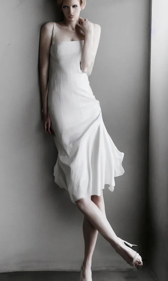 Image similar to photo of gorgeous seductive tall emily skinner cosplaying annie leonhart wearing elegant white dress, wearing open toe heels, in a white room, beautiful face, pale skin, rule of thirds, cinematic lighting, sharp focus, backlit, stunning, smooth, hard focus, full body shot, studio photo, shot on sony a 7 iii