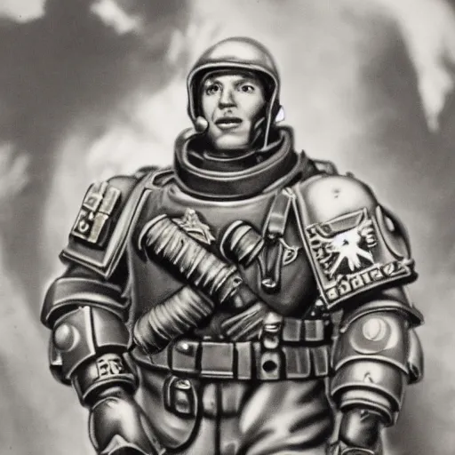 Prompt: world war 2 portrait photo, full body, of a single warhammer 4 0 k space marine taking posing with american troops, rosenthal, baltermants, kerlee, vaccaro