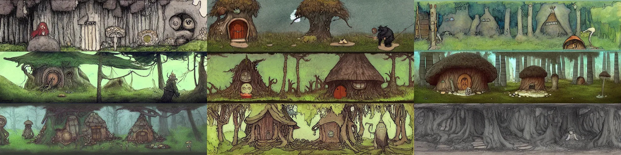 Prompt: “wide shot, concept art, troll outside his mushroom house, in the style of John Bauer and wimmelbilder”