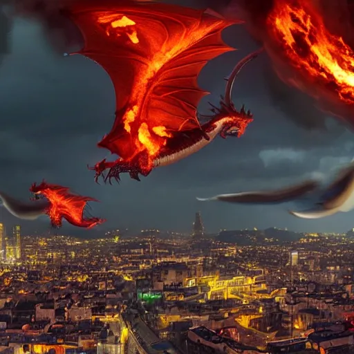 Prompt: dragons flying over city with flames coming from their mounths, epic scene
