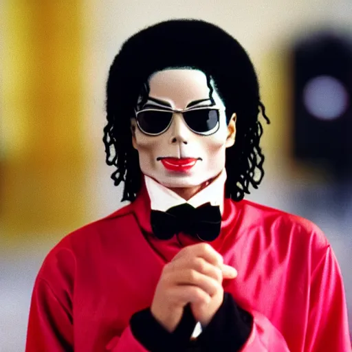 Image similar to a 1980s film still of Michael Jackson dressed as Snoop Dogg, 40mm lens, shallow depth of field, split lighting