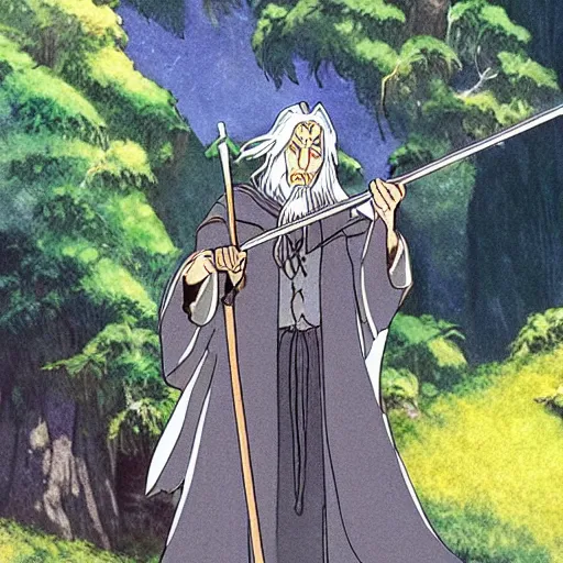 Image similar to gandalf from the anime lord of the rings (1986), holding a wooden staff, studio ghibli, very detailed, realistic