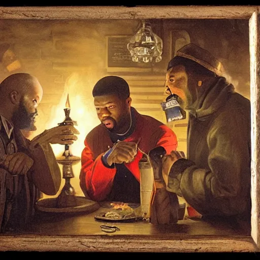 Image similar to 2 1 savage and 5 0 cent and drake huddled around a table with a lantern in a dark pub like in the denial of st. peter by gerard seghers