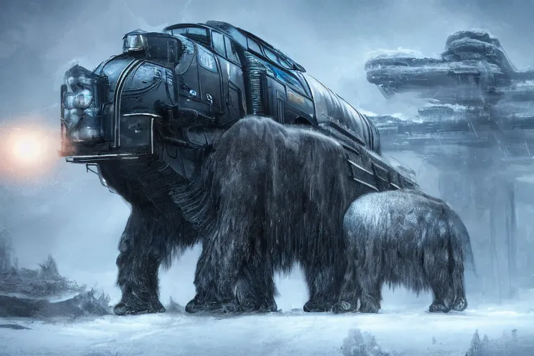 Image similar to a grand intricate futuristic black steam train next to a giant mammoth, post - apocalyptic ice landscape in snowstorm, concept art, artstation, highly detailed, digital art