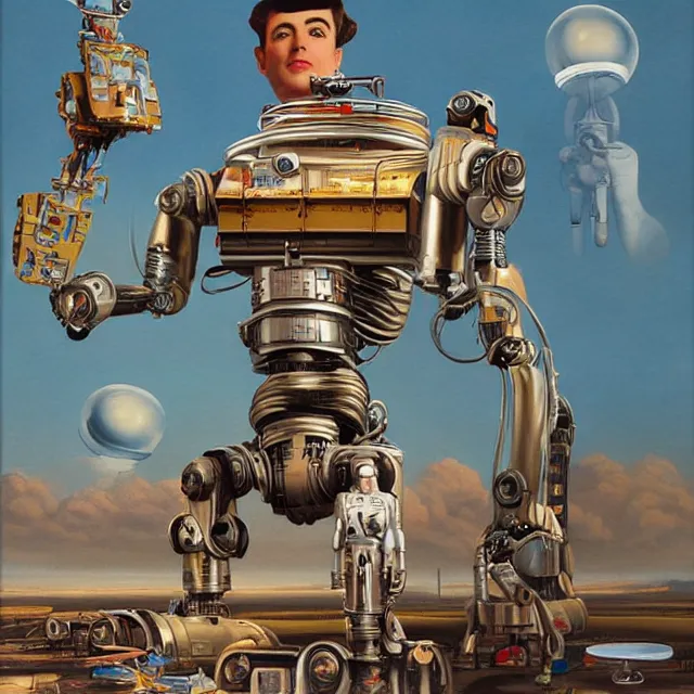 Image similar to robot artist painting a self - portrait on a canvas. intricate, highly detailed, digital matte painting in the style of alberto vargas and in the style of chris foss. irony, recursion, inspiration.